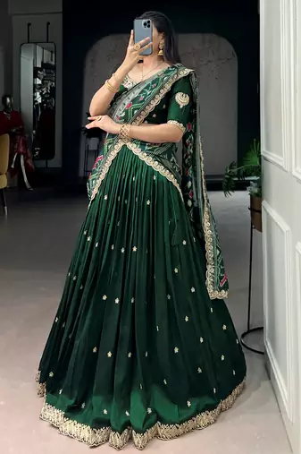 Precious Green Thread Work Silk Mehendi Wear Half Saree Lehenga