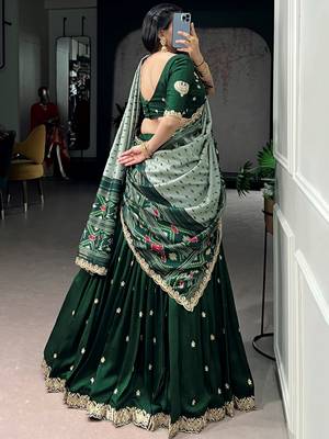 Precious Green Thread Work Silk Mehendi Wear Half Saree Lehenga 5
