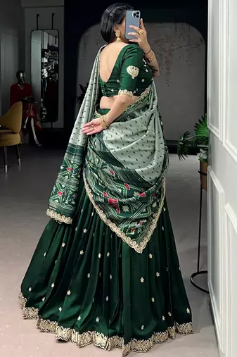 Precious Green Thread Work Silk Mehendi Wear Half Saree Lehenga