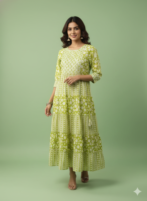 Ftdiva women's  embroidered anarkali green printed kurti in rayon 1