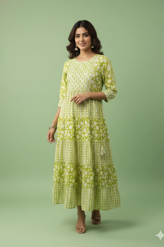 Ftdiva women's  embroidered anarkali green printed kurti in rayon