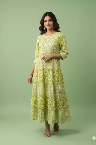Ftdiva women's  embroidered anarkali green printed kurti in rayon