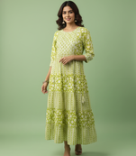 Ftdiva women's  embroidered anarkali green printed kurti in rayon