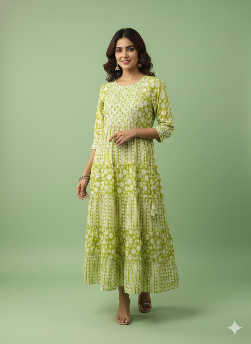 Ftdiva women's  embroidered anarkali green printed kurti in rayon