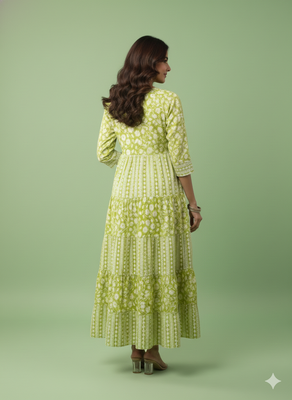 Ftdiva women's  embroidered anarkali green printed kurti in rayon 2