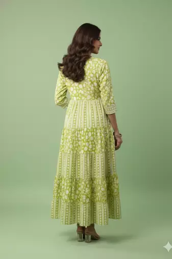 Ftdiva women's  embroidered anarkali green printed kurti in rayon