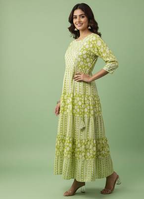 Ftdiva women's  embroidered anarkali green printed kurti in rayon 3