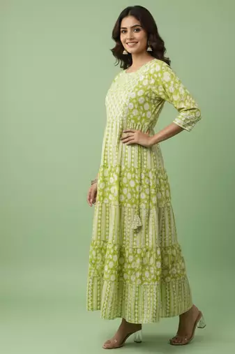 Ftdiva women's  embroidered anarkali green printed kurti in rayon