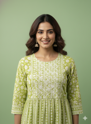 Ftdiva women's  embroidered anarkali green printed kurti in rayon 4