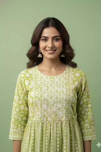 Ftdiva women's  embroidered anarkali green printed kurti in rayon