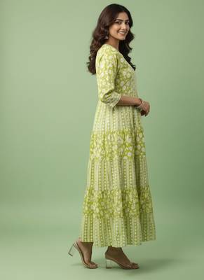 Ftdiva women's  embroidered anarkali green printed kurti in rayon 5