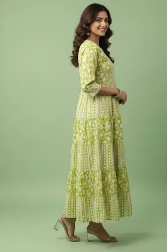 Ftdiva women's  embroidered anarkali green printed kurti in rayon