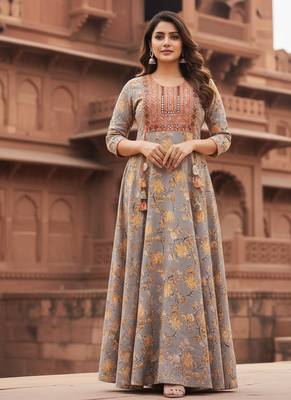 Ftdiva women's  embroidered anarkali yellow printed kurti in rayon 1