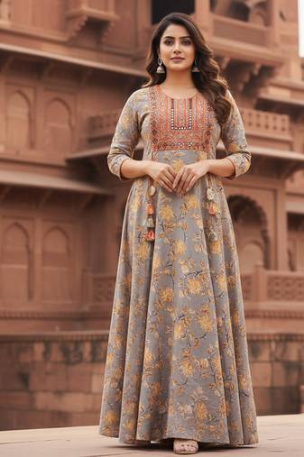 Ftdiva women's  embroidered anarkali yellow printed kurti in rayon