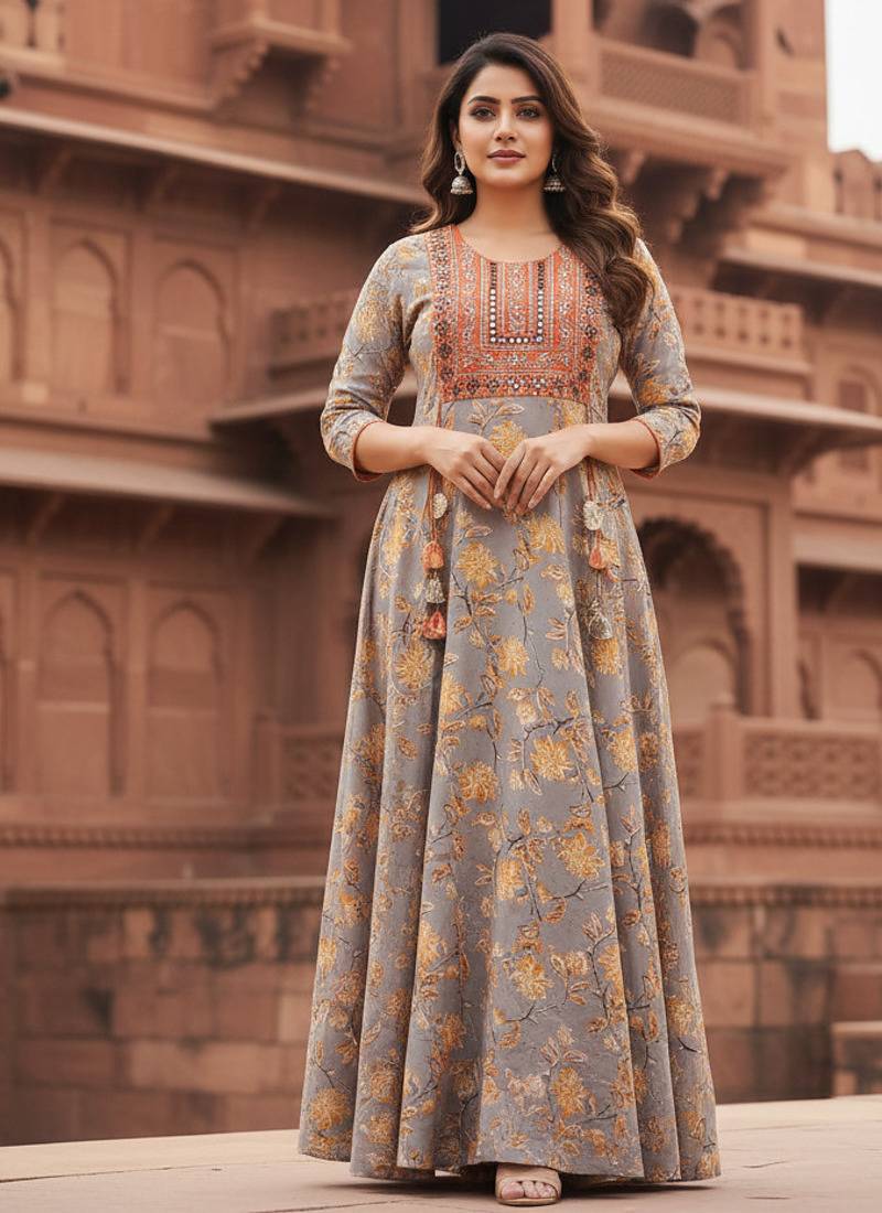 Ftdiva women's  embroidered anarkali yellow printed kurti in rayon