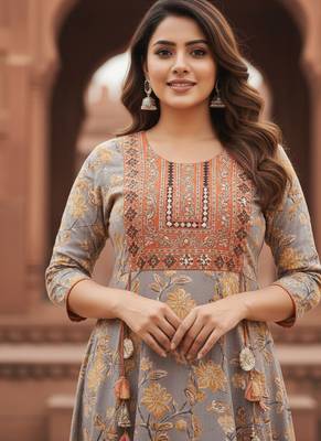 Ftdiva women's  embroidered anarkali yellow printed kurti in rayon 3