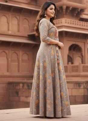 Ftdiva women's  embroidered anarkali yellow printed kurti in rayon 4