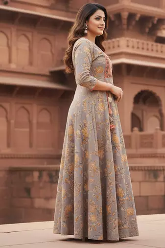 Ftdiva women's  embroidered anarkali yellow printed kurti in rayon