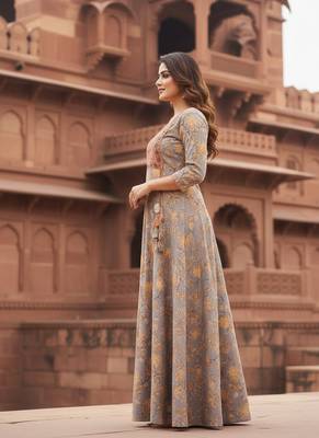 Ftdiva women's  embroidered anarkali yellow printed kurti in rayon 5
