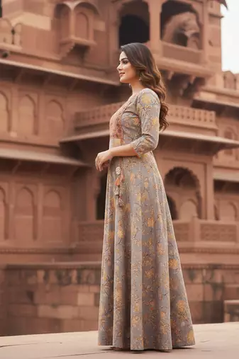 Ftdiva women's  embroidered anarkali yellow printed kurti in rayon