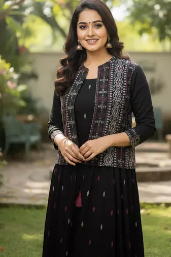 Ftdiva women's cotton printed jacketed anarkali kurti in black
