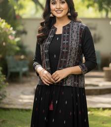 Ftdiva women's cotton printed jacketed anarkali kurti in black