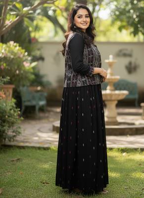 Ftdiva women's cotton printed jacketed anarkali kurti in black 4