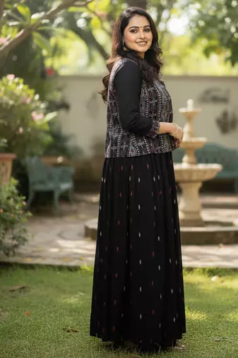 Ftdiva women's cotton printed jacketed anarkali kurti in black