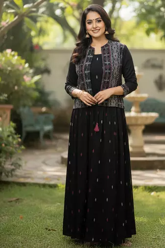 Ftdiva women's cotton printed jacketed anarkali kurti in black