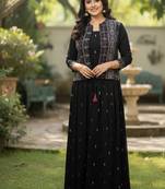 Ftdiva women's cotton printed jacketed anarkali kurti in black