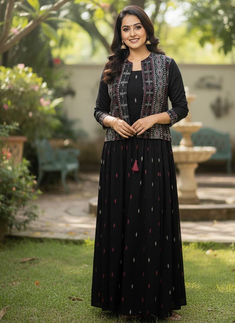 Ftdiva women's cotton printed jacketed anarkali kurti in black