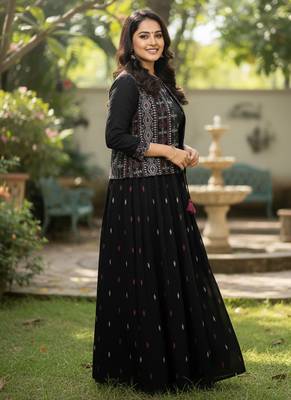 Ftdiva women's cotton printed jacketed anarkali kurti in black 5
