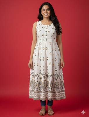Ftdiva women's exclusive designer floral printed kurta in white 1