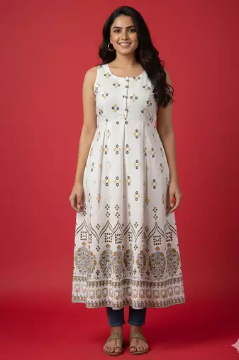 Ftdiva women's exclusive designer floral printed kurta in white