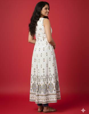 Ftdiva women's exclusive designer floral printed kurta in white 2