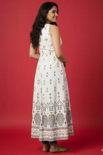Ftdiva women's exclusive designer floral printed kurta in white