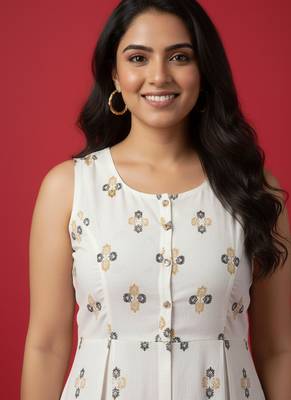 Ftdiva women's exclusive designer floral printed kurta in white 3