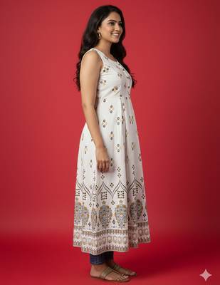 Ftdiva women's exclusive designer floral printed kurta in white 4