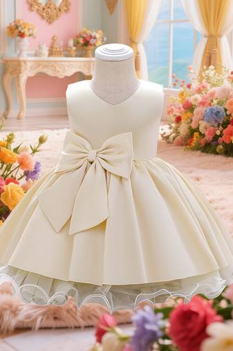 Blush yellow solid polyester party wear fit & flare girls dress