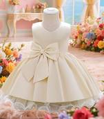Blush yellow solid polyester party wear fit & flare girls dress