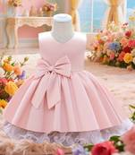 Blush pink solid polyester party wear fit & flare girls dress
