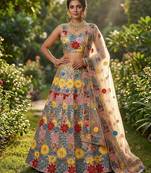 MULTI  SOFT MONO NET EMBROIDERY SEMI STICHED  LEHENGA WHIT BLOUSE