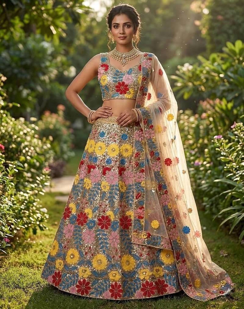 MULTI  SOFT MONO NET EMBROIDERY SEMI STICHED  LEHENGA WHIT BLOUSE