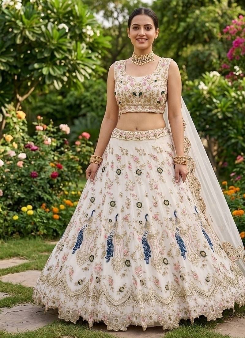 WHITE GEORGETTE  EMBROIDERY SEMI STICHED  LEHENGA WHIT BLOUSE