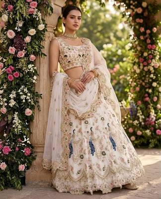 WHITE GEORGETTE  EMBROIDERY SEMI STICHED  LEHENGA WHIT BLOUSE 2