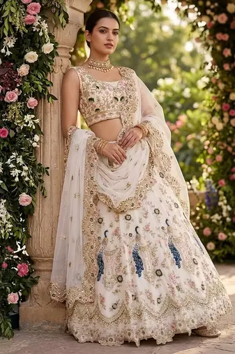 WHITE GEORGETTE  EMBROIDERY SEMI STICHED  LEHENGA WHIT BLOUSE