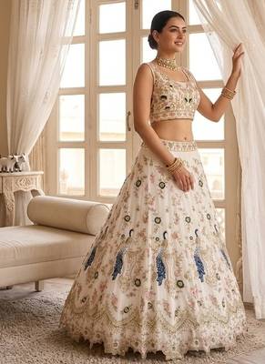 WHITE GEORGETTE  EMBROIDERY SEMI STICHED  LEHENGA WHIT BLOUSE 4