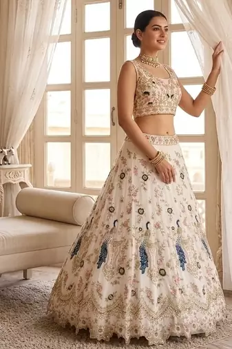 WHITE GEORGETTE  EMBROIDERY SEMI STICHED  LEHENGA WHIT BLOUSE