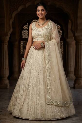 CREAM ORGENZA SILK EMBROIDERY SEMI STICHED  LEHENGA WHIT BLOUSE