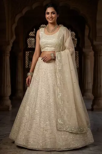 CREAM ORGENZA SILK EMBROIDERY SEMI STICHED  LEHENGA WHIT BLOUSE